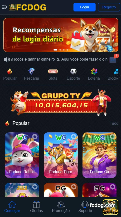 Interface do app fcdog com VIP e jogos de slots